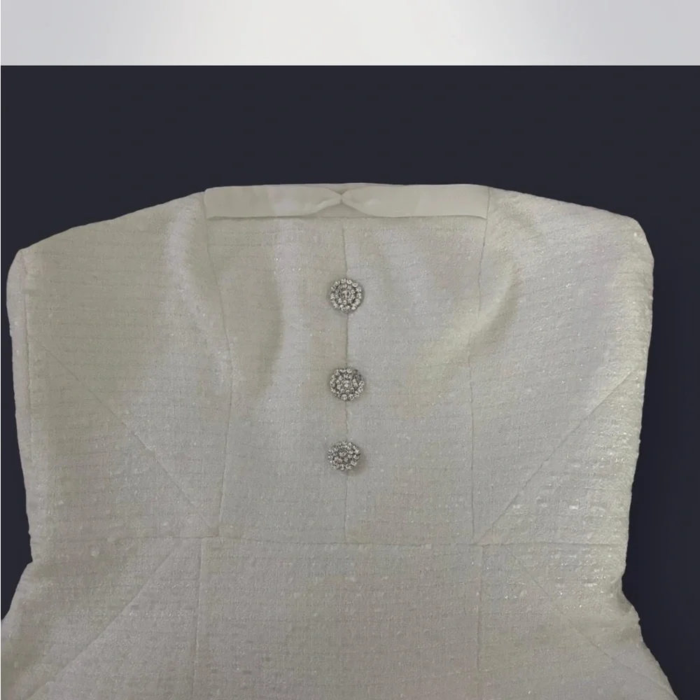 Raffiné Designer White Strapless Tweed Midi Dress - Picture 6 of 7